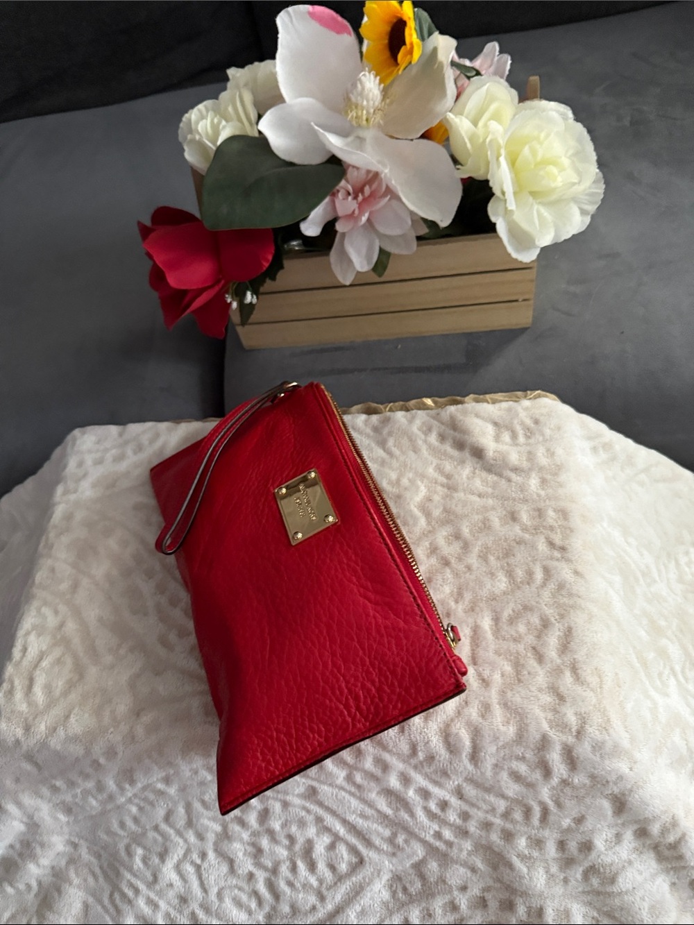Michael Kors Red Leather Wristlet Clutch with Gold Plaque